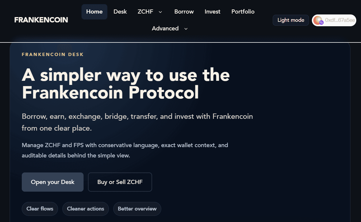 Frankencoin Desk — product interface preview